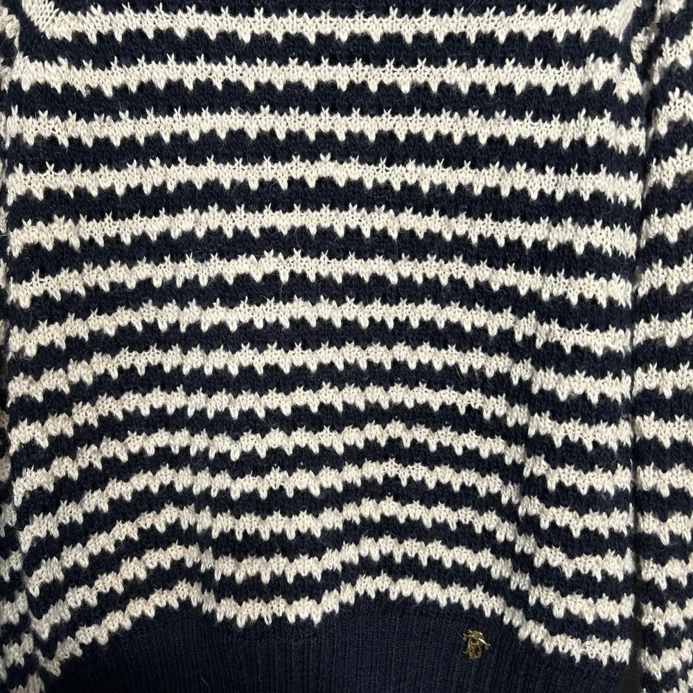 Tory Burch Wool Blend Turtleneck Sweater Navy Cream Stripe Gold TB Logo Sz Large